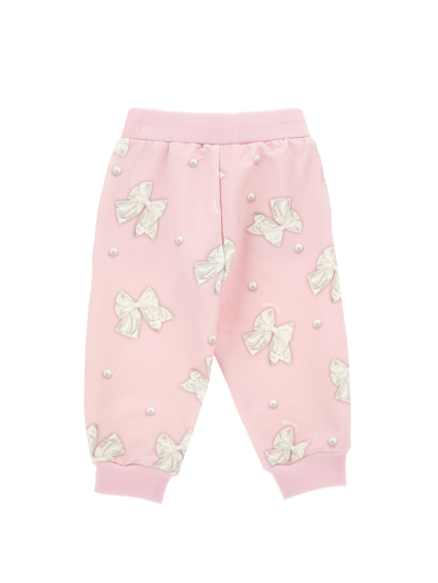 Monnalisa Bow Print Fleece Joggers In Antique Rose + Cream