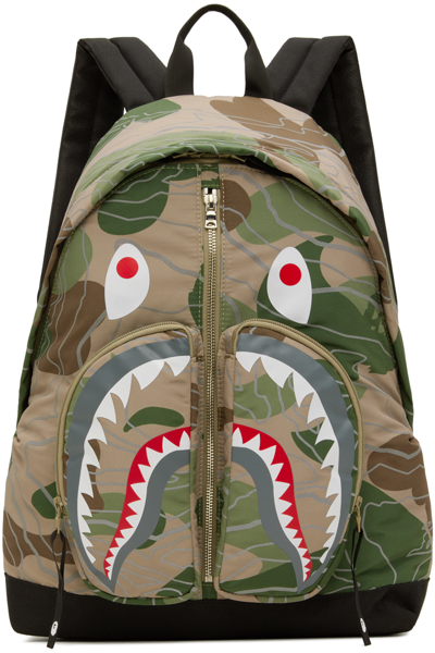Shop Bape Green Layered Line Camo Shark Backpack In Beige