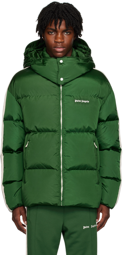 Shop Palm Angels Green Hooded Down Jacket In Forest Green Whi