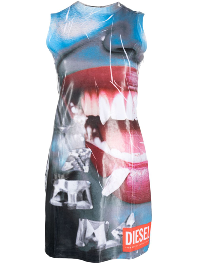 Shop Diesel Multicolour Face-print Mini Dress In Blue
