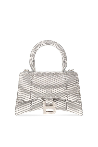 Shop Balenciaga Hourglass Crystal Embellished Top Handle Bag In Silver