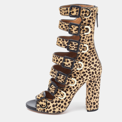Pre-owned Aquazzura Brown/black Calf Hair Leopard Print Gladiator Sandals Size 37 In Beige