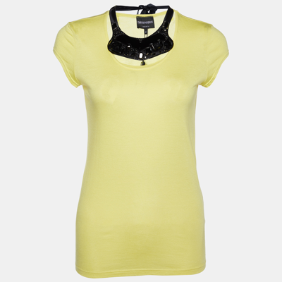 Pre-owned Emporio Armani Yellow Cotton & Modal Embellished Neck Detail T-shirt M