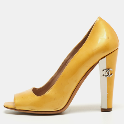 Pre-owned Chanel Yellow Patent Leather Peep Toe Block Heel Pumps Size 36
