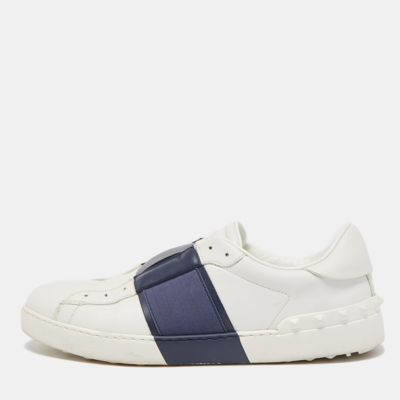 Pre-owned Valentino Garavani White/navy Blue Leather Slip On Sneakers Size 45
