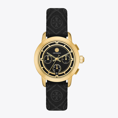 Shop Tory Burch Tory Chronograph Watch, T Monogram Jacquard/ Leather/ Gold-tone Stainless Steel In Black/gold/black T Monogram Jacquard