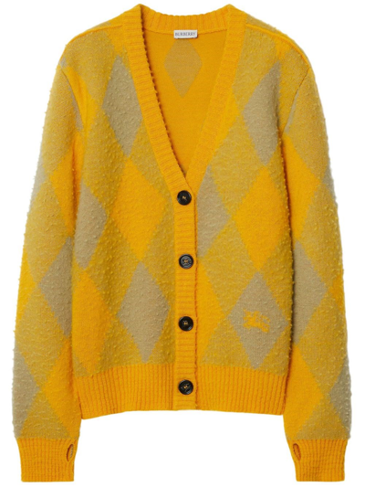 Shop Burberry Argyle Patterned-jacquard Cardigan In Yellow & Orange