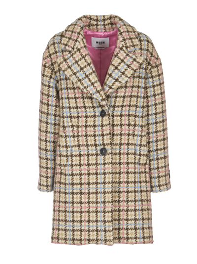 Shop Msgm Check Embroidered Short Coat In Beige