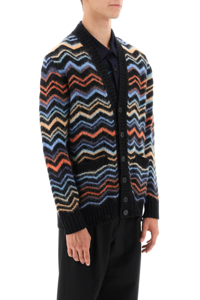 Shop Missoni Zig Zag Wool Cardigan In Blk Orange Lgt Blu