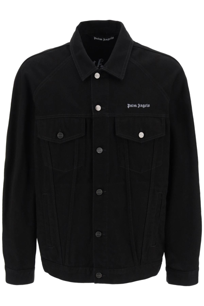 Shop Palm Angels Denim Jacket With Logo Embroidery In Black White (black)