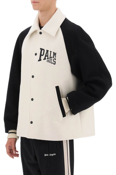 Shop Palm Angels Wool Varsity Jacket With Embroidery In Butter Black (white)