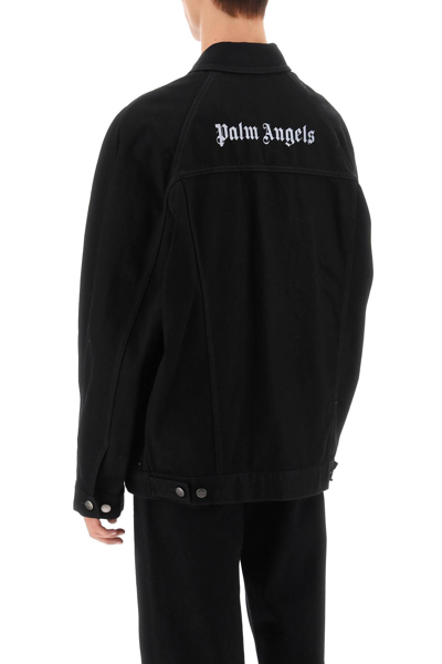 Shop Palm Angels Denim Jacket With Logo Embroidery In Black White (black)