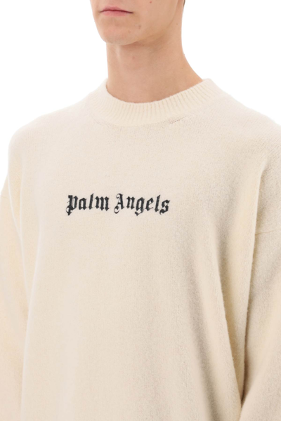 Shop Palm Angels Merino Wool Sweater With Logo Embroidery In White Black (white)