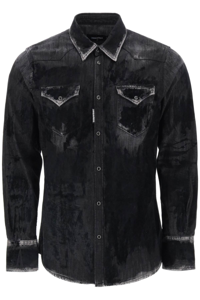 Shop Dsquared2 Flocked Denim Western Shirt In Black (black)