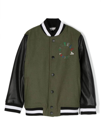 Shop Stella Mccartney Green And Black Bomber Jacket With Circular Embroidered Logo In Verde