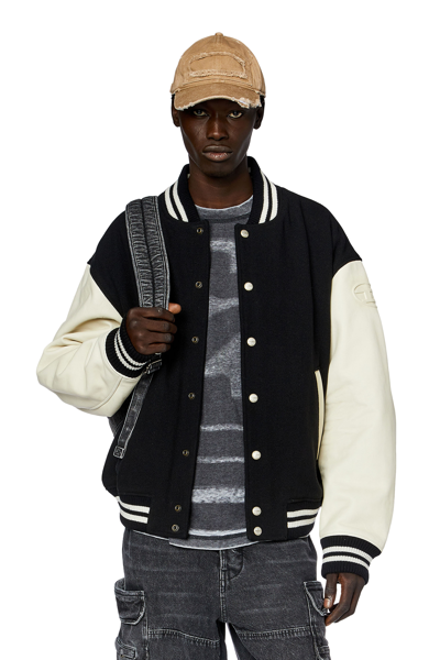 Shop Diesel Bomber Jacket In Leather And Wool In Multicolor