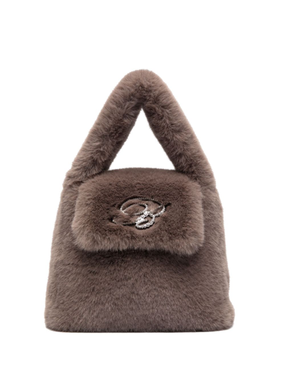 Shop Blumarine Logo Faux Fur Top-handle Bag In Green