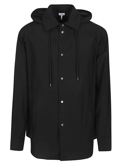 Shop Loewe Cotton Hooded Overshirt In Black