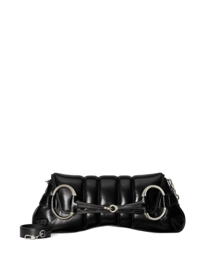 Shop Gucci Horsebi Chain Medium Leather Shoulder Bag In Black