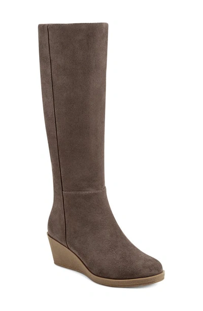 Shop Aerosoles Brenna Knee High Wedge Boot In Taupe Faux Suede