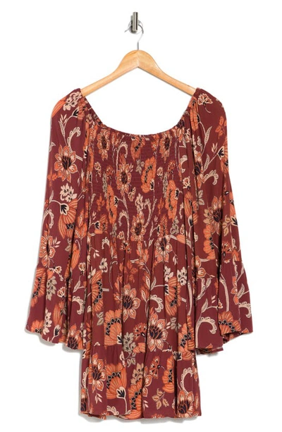 Shop Angie Floral Long Sleeve Tiered Dress In Rust