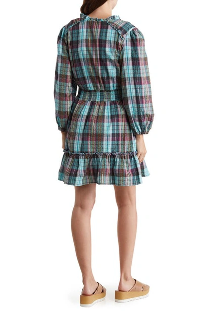 Shop Angie Plaid Long Sleeve Dress In Teal Multi