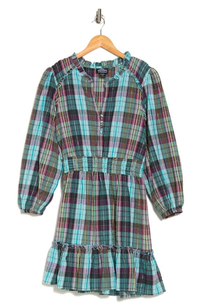 Shop Angie Plaid Long Sleeve Dress In Teal Multi
