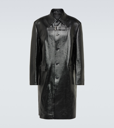 Shop Versace Buckle-detail Leather Coat In Black
