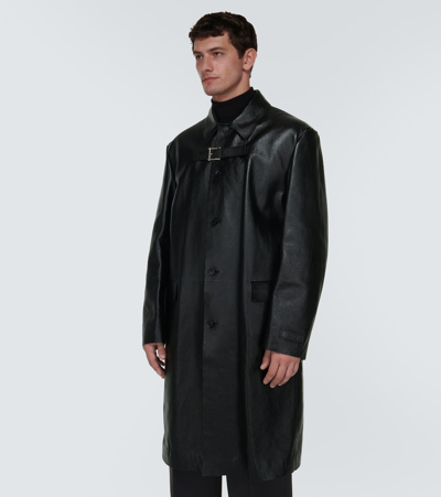 Shop Versace Buckle-detail Leather Coat In Black