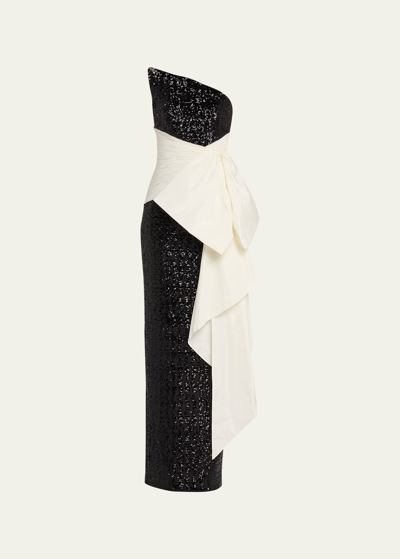 Shop Pamella Roland Strapless Stretch Sequin Gown With Taffeta Bow Sash In Black White