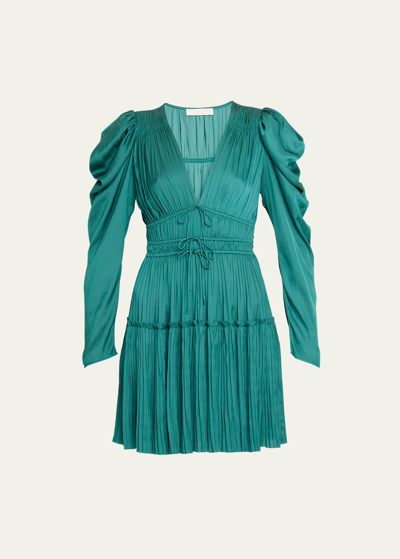 Shop Ulla Johnson Lu Puff-sleeve Pleated Satin Mini Dress In Jadeite