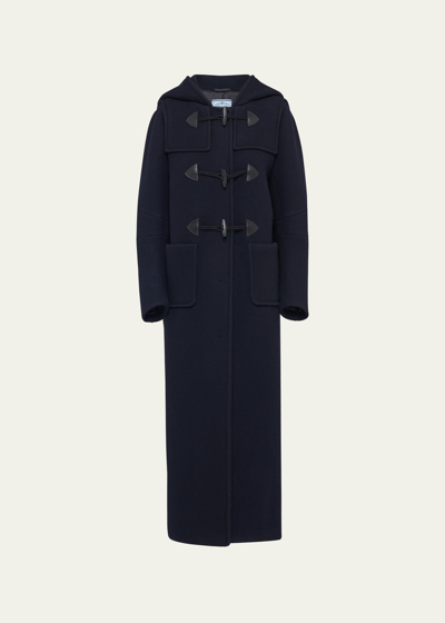 Shop Prada Wool Hooded Coat With Leather Toggle Closure In F0008 Bleu
