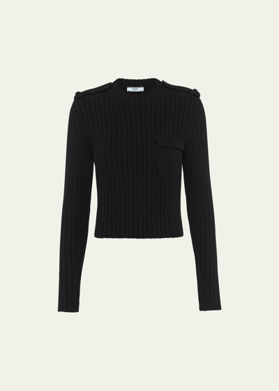 Shop Prada Ribbed Wool Cashmere Cropped Top In F0002 Nero