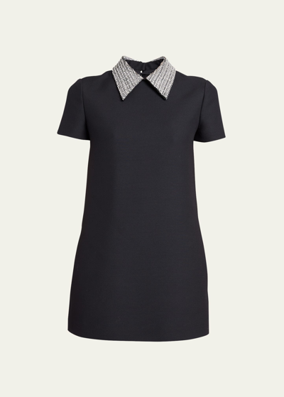 Shop Valentino Wool Mini Dress With Embroidered Peter Pan Collar In Black Silver