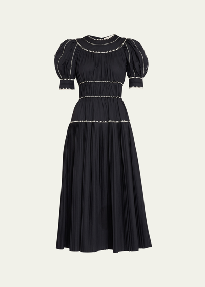 Shop Ulla Johnson Harriet Pleated Puff-sleeve Embroidered Midi Dress In Noir