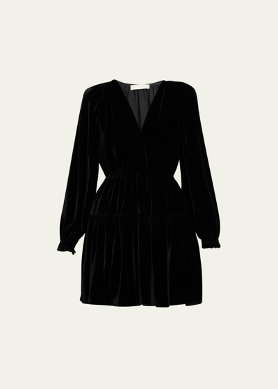 Shop Ulla Johnson Audrey Tiered Puff-sleeve Velvet Mini Dress In Noir