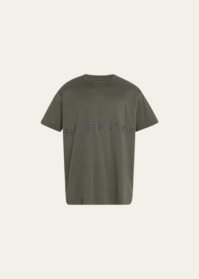 Shop Givenchy Men's Jersey Embroidered Logo T-shirt In Greyish Green
