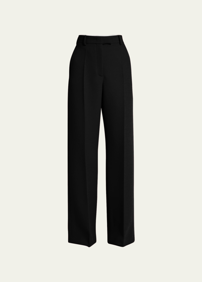 Shop Valentino Crepe Wool Straight-leg Trousers In Black