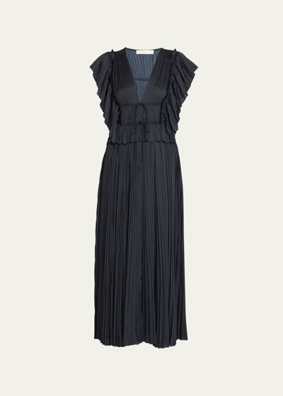 Shop Ulla Johnson Letty Pleated Ruffle Satin Midi Dress In Noir