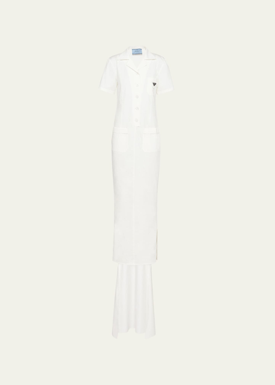 Shop Prada Gabardine Short-sleeve Dress With Train In F0009 Bianco