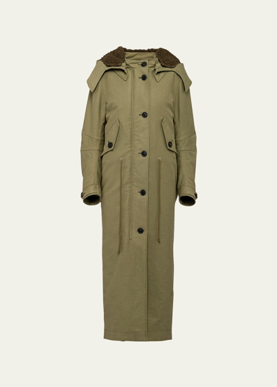 Shop Prada Long Cotton Hooded Coat In F0161 Militare