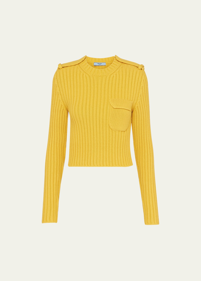 Shop Prada Ribbed Wool Cashmere Cropped Top In F0010 Giallo