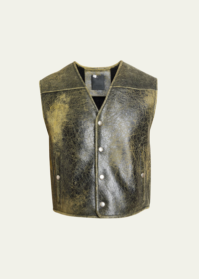 Shop Givenchy Men's Distressed Leather Snap Vest In Black/yellow