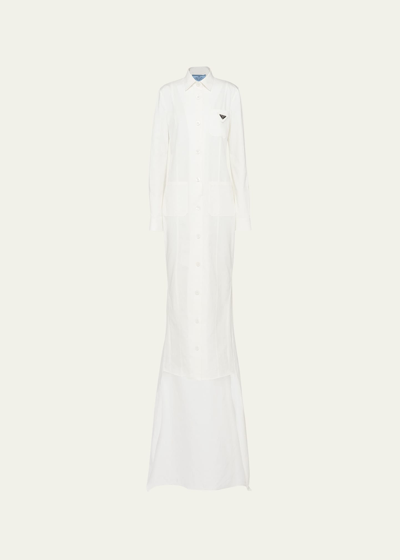 Shop Prada Collared Gabardine Column Dress With Train In F0009 Bianco