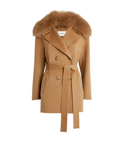 Shop Yves Salomon Wool-cashmere Fur-trim Coat In Beige