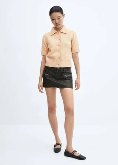 Shop Mango Short-sleeved Cardigan With Shirt Collar Beige