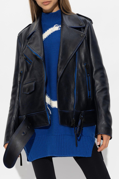 Shop Off-white Belted Leather Jacket In Blue