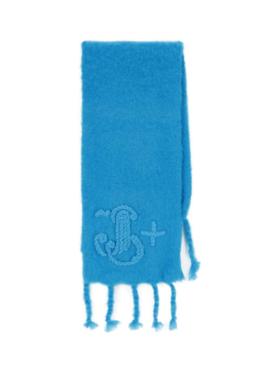 Shop Jil Sander Logo Intarsia-knit Fringed Scarf In Blue