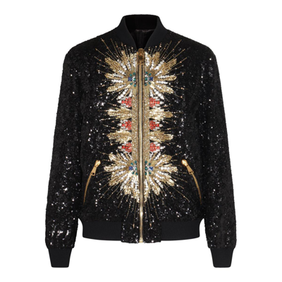 Shop Balmain Sequin Embellished Zipped Jacket In Black/gold