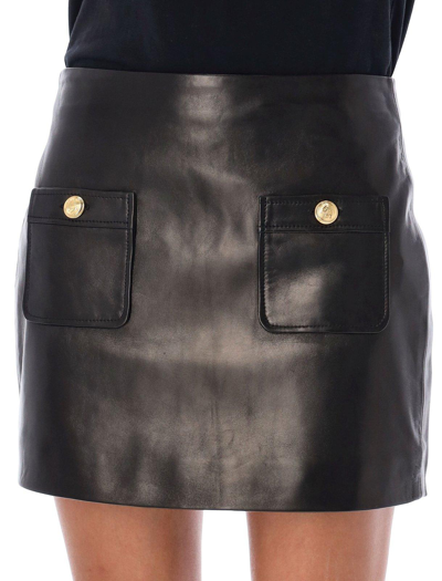 Shop Palm Angels Mid-waisted Leather Mini Skirt In Black/gold